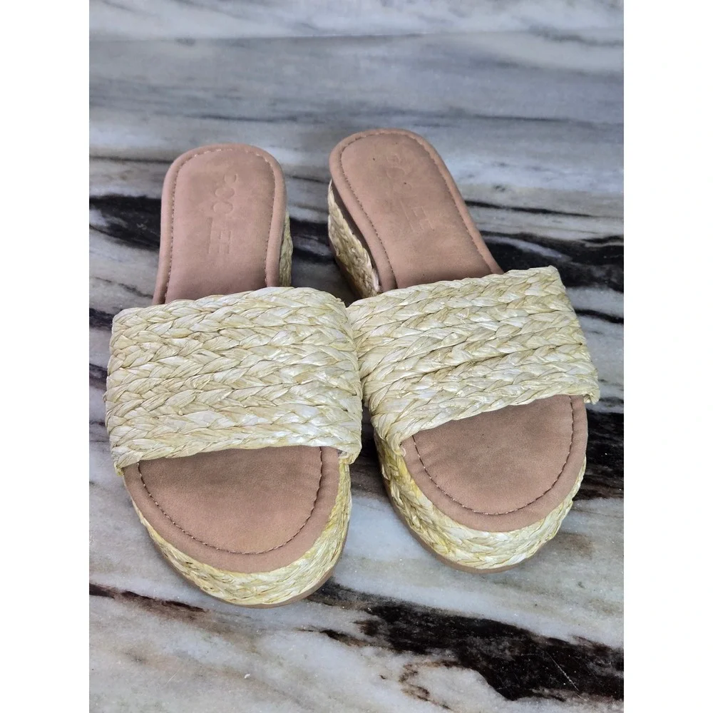 Roolee Woven Straw‎ Platform Slide Sandals Natural Tan Braided Raffia Size 7.5